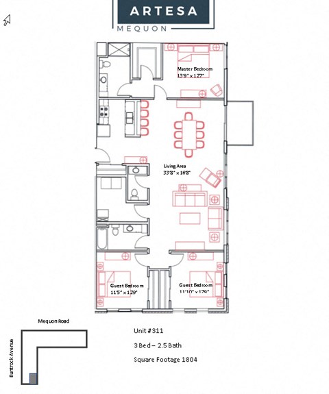 Floor plan for 3 beds, 2.5 baths, 1804 sqft